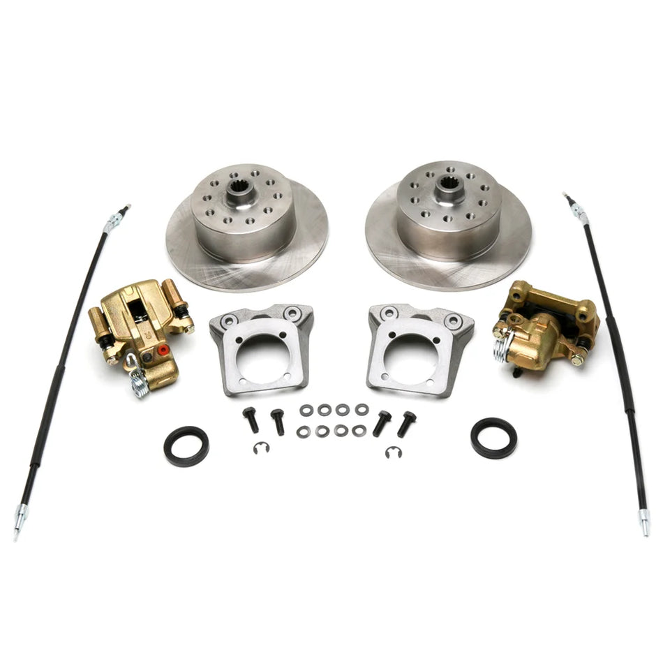 REAR DISC BRAKE KIT, e-brake, 5-Lug Chevy/Ford dual pattern (5x4-1/2, 5x4-3/4), Beetle 68-72 (incls:2 rotors,calipers,brackets,cables,seals,
