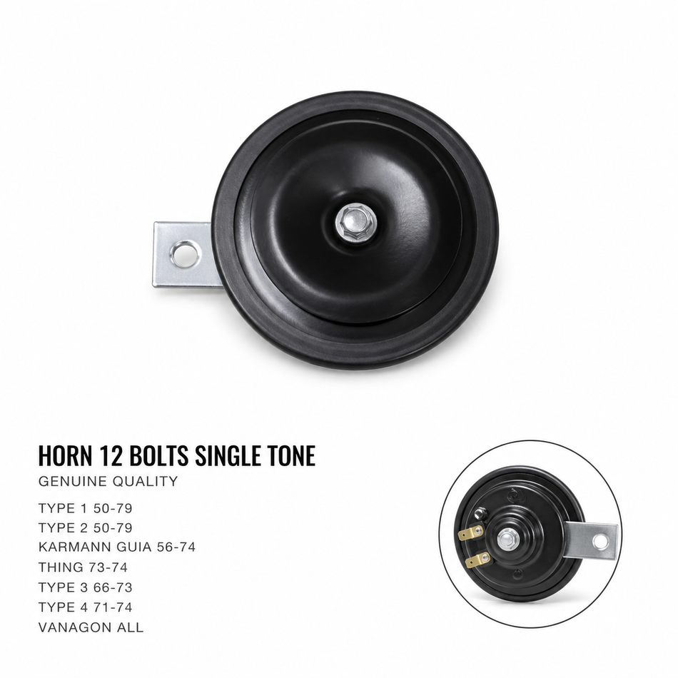 HORN 12 BOLTS SINGLE TONE TYPE 1 50-79 TYPE 2 50-79 KARMANN GUIA 56-74 THING 73-74 TYPE 3 66-73 TYPE 4 71-74 VANAGON ALL GENUINE