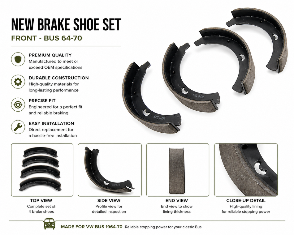 NEW BRAKE SHOE SET - FRONT - BUS 64-70