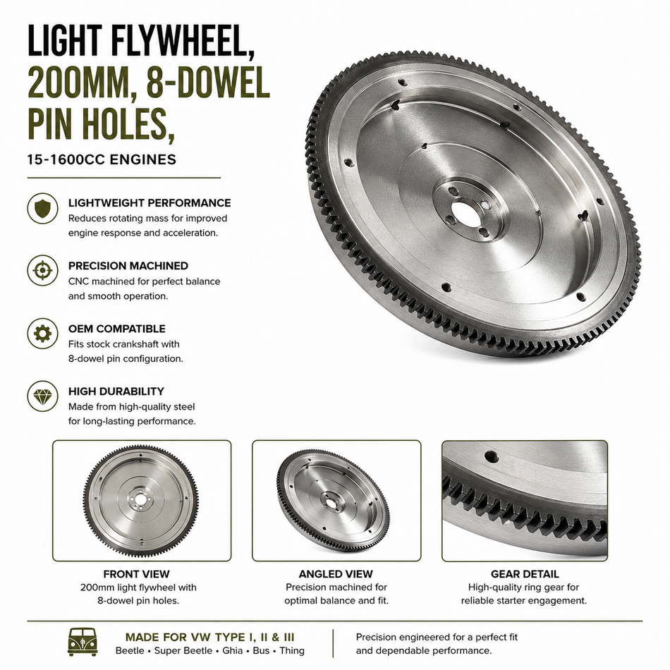 LIGHT FLYWHEEL, 200mm, 8-Dowal Pin holes, 15-1600cc, Type I 67-78, Super Beetle 71-79, Karmann Ghia 56-74, The Thing 73-74, Type II 67-71, Type III 67-73 (NEW)