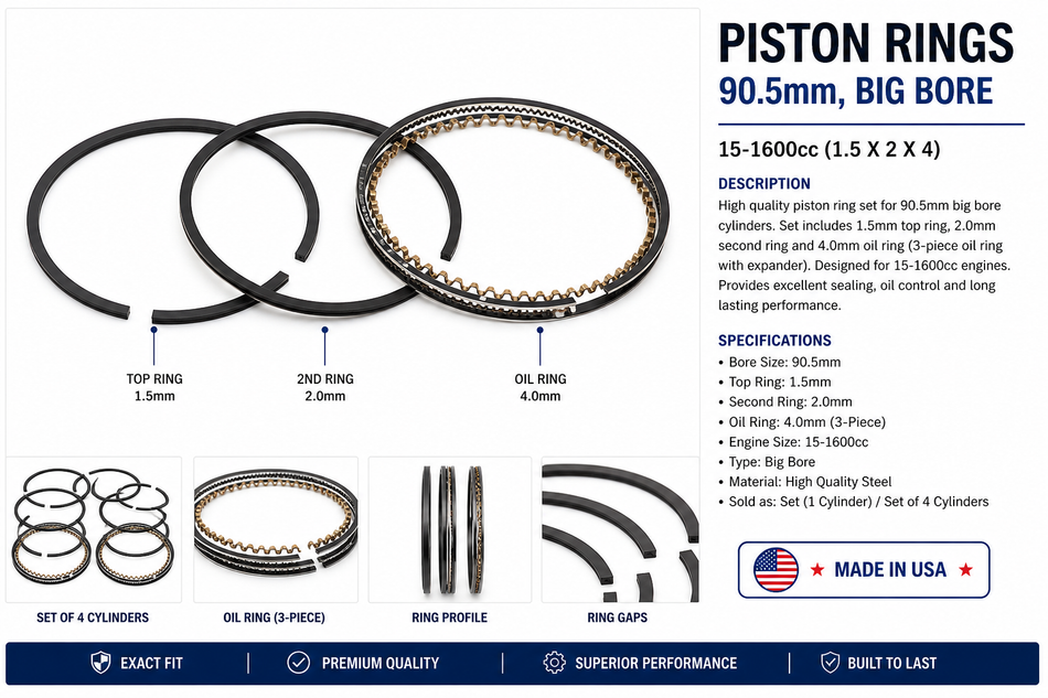 PISTON RINGS, 90.5mm, BIG BORE, 15-1600cc (1.5 X 2 X 4)