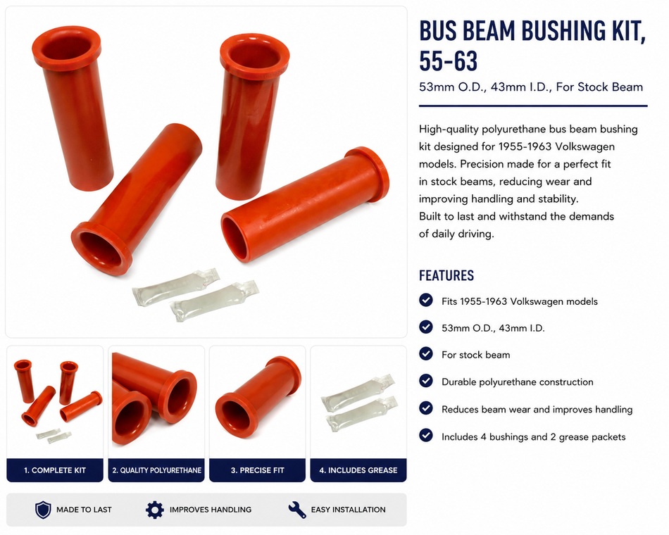 Bus Beam Bushing Kit, 55-63, 53mm O.D., 43mm I.D., For Stock Beam, (4).