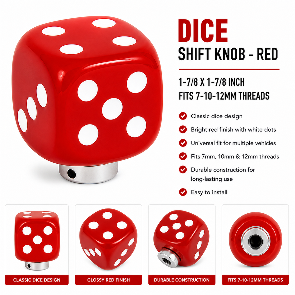 DICE SHIFT KNOB - RED 1-7/8 X 1-7/8 INCH - FITS 7-10-12MM THREADS